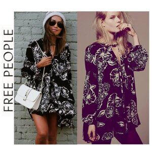 Free People Swing Mini Dress Tunic Black White Floral Boho Small Oversized